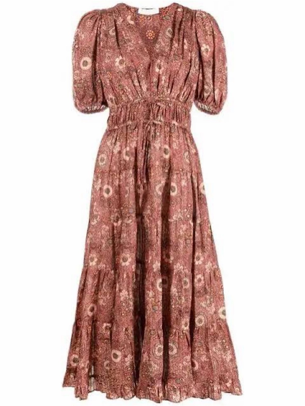 Ulla Johnson Rust Floral Midi Dress with Puff Sleeves